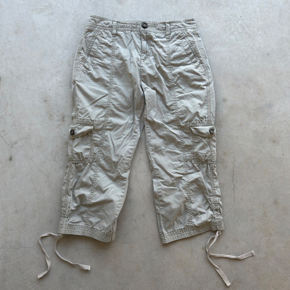 Merona Women Tan Khaki Cargo Capri Pants Size 2 Fit 1 Drawstring Utility Crop